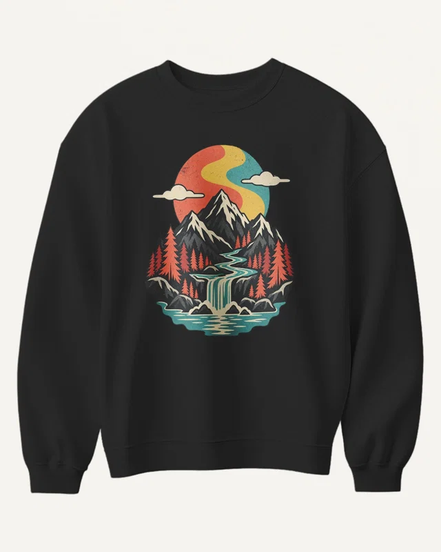 Mountain River Landscape Sweatshirt in Black — front