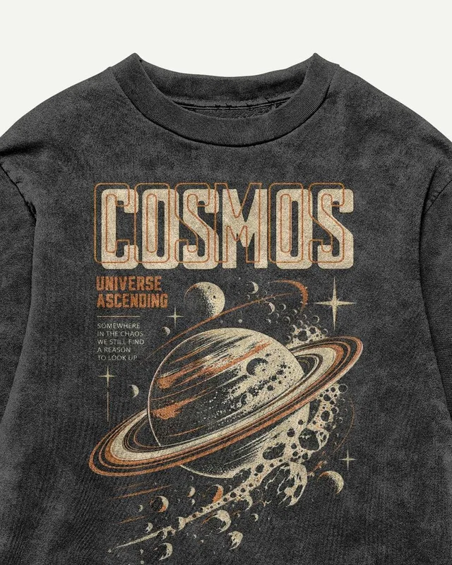 Cosmos Acid-Wash Oversized T-Shirt in Black — design detail