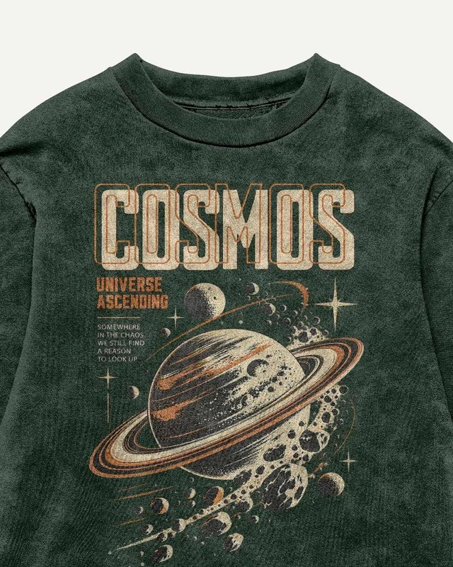 Cosmos Acid-Wash Oversized T-Shirt in Bottle Green — design detail