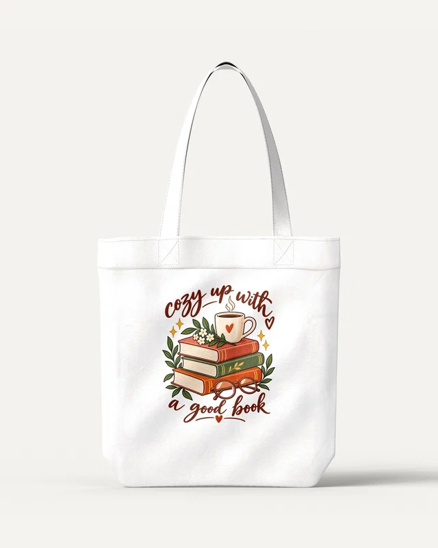 Cozy Up with a Good Book Zipper Tote Bag in White — front