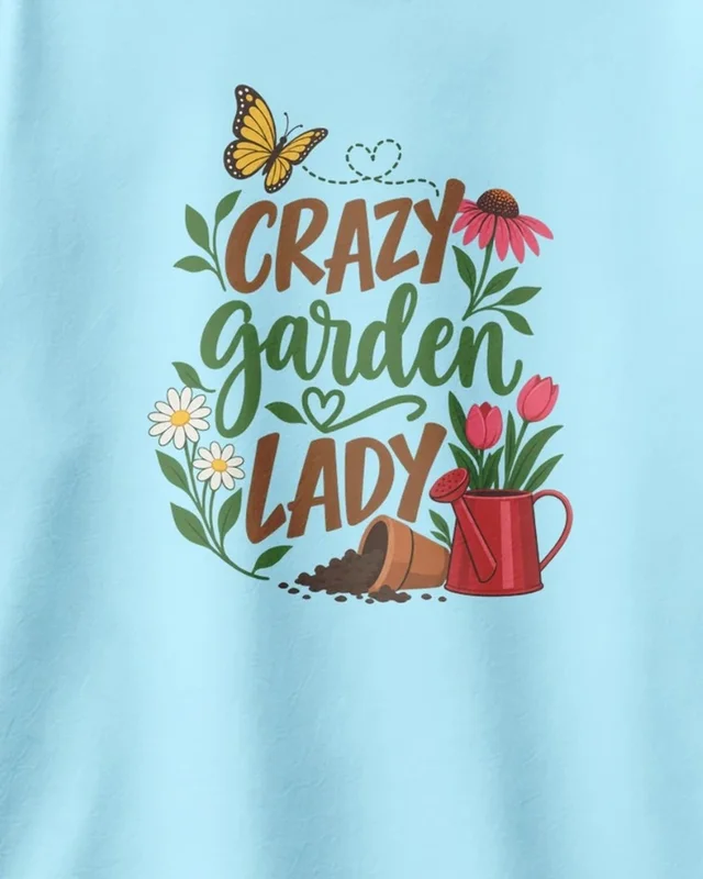 Crazy Garden Lady Oversized T-Shirt in Baby Blue — design detail