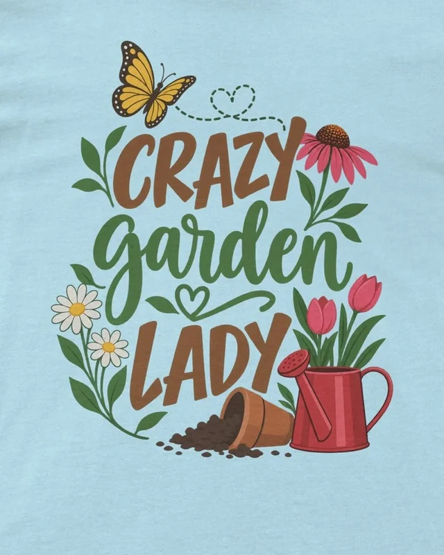 Crazy Garden Lady Regular T-Shirt in Baby Blue — design detail