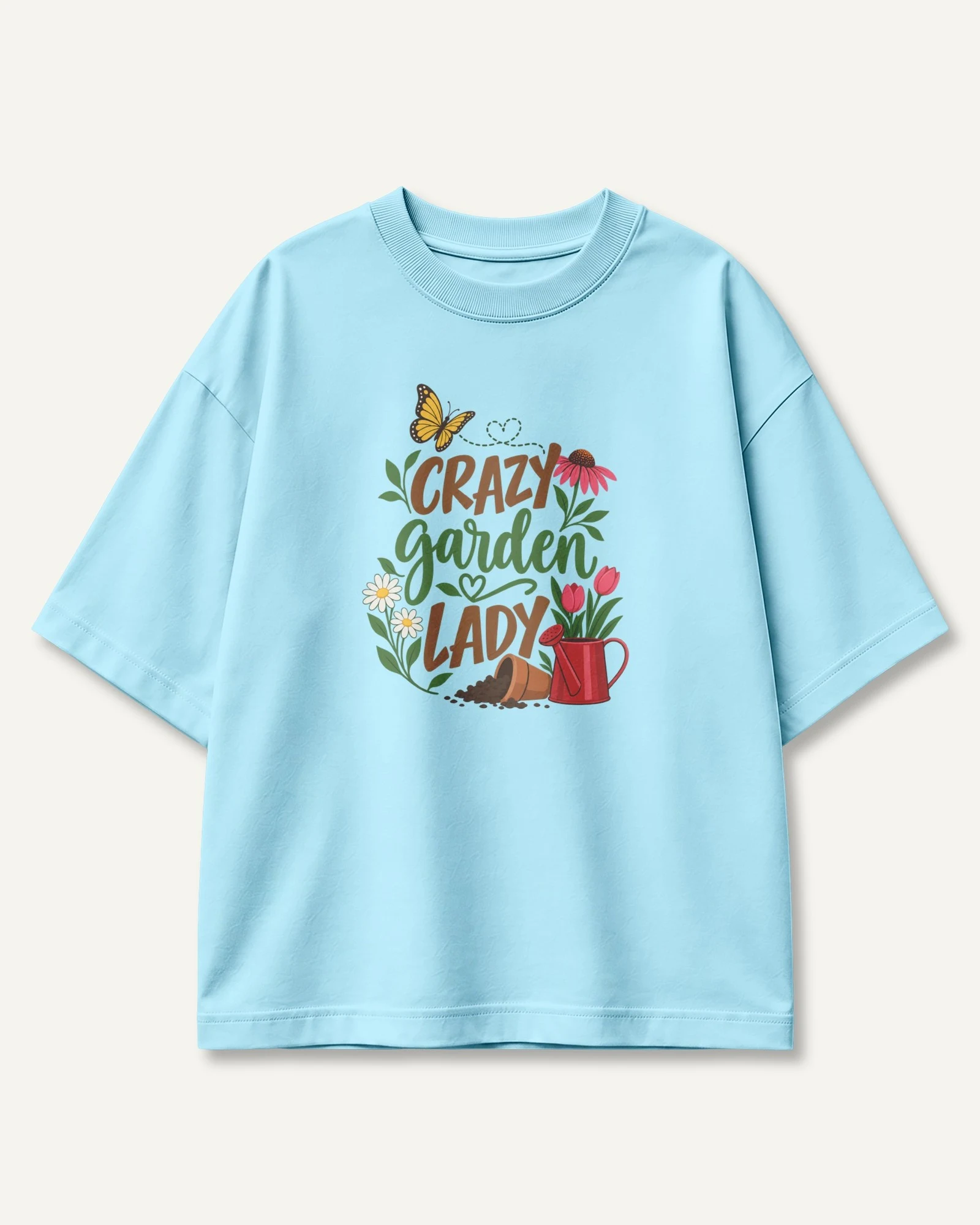 Crazy Garden Lady Oversized T-Shirt in Baby Blue — front Crazy Garden Lady Oversized T-Shirt in Baby Blue — front
