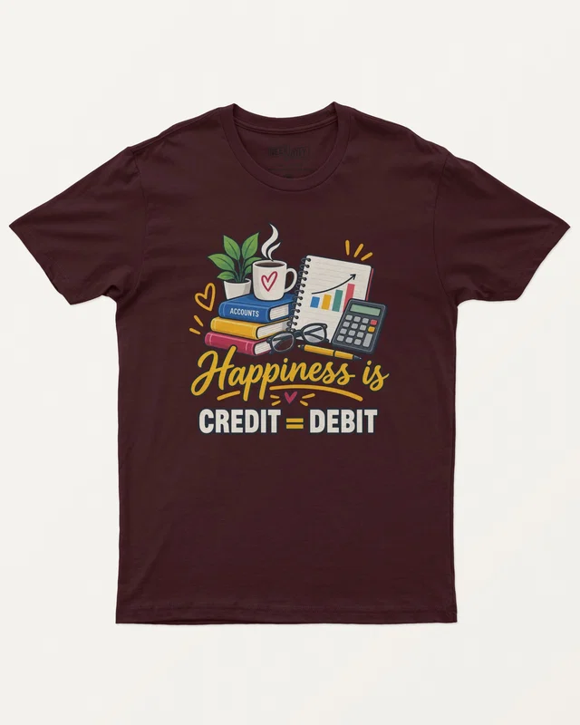 Happiness Is Credit Equals Debit Regular T-Shirt in Maroon — front
