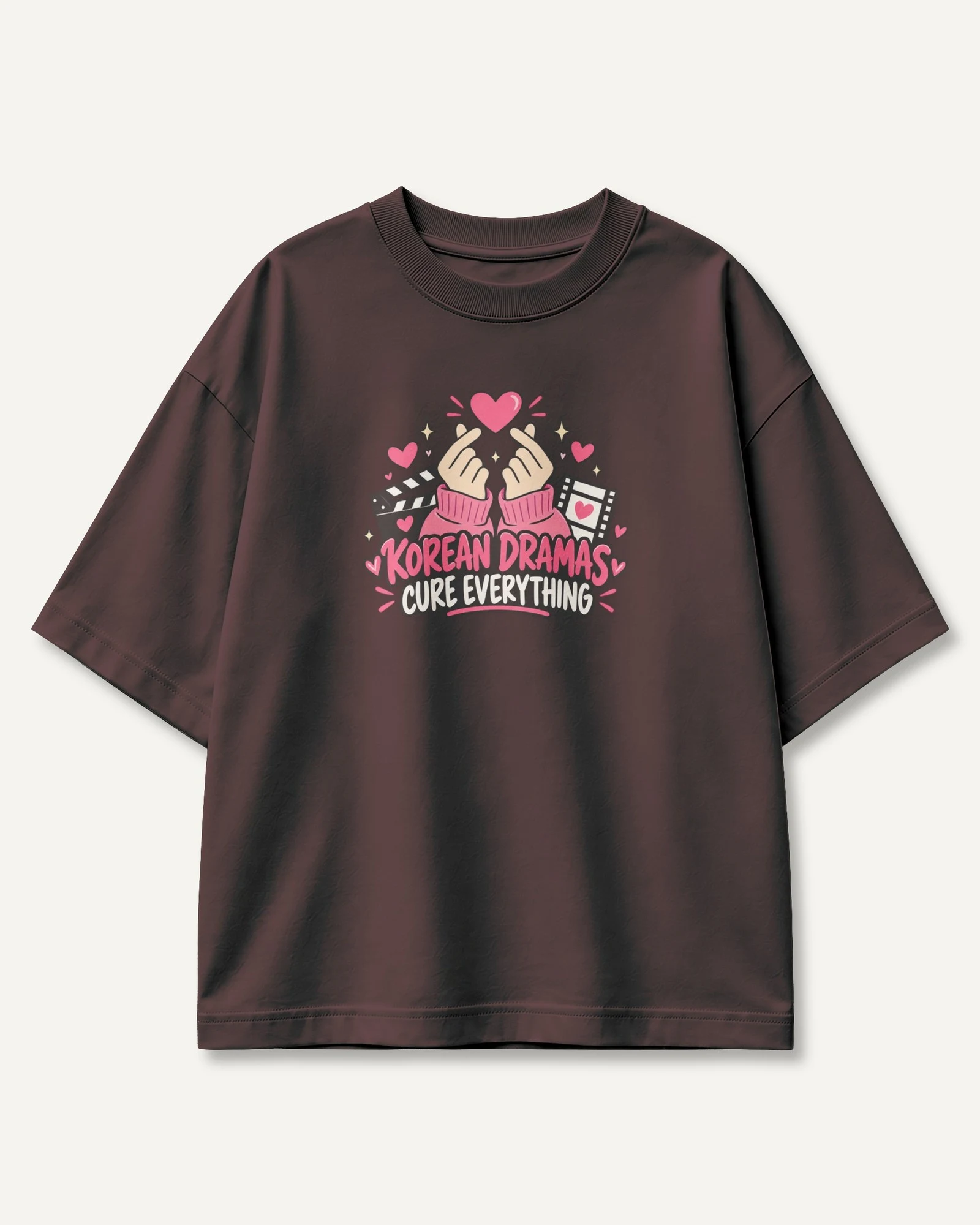 Korean Dramas Cure Everything Oversized T-Shirt in Maroon — front Korean Dramas Cure Everything Oversized T-Shirt in Maroon — front