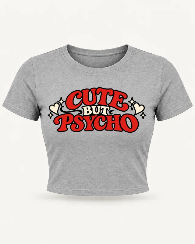 Cute but Psycho Graphic Crop Top in Grey Melange — product front