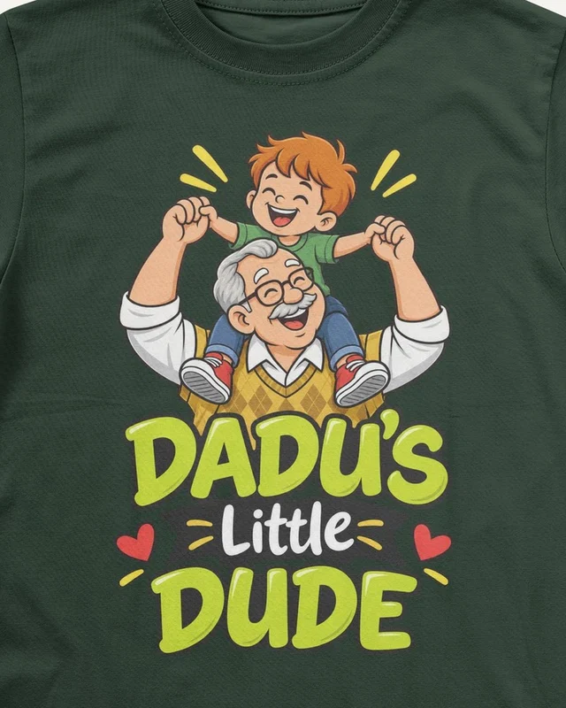 Dadu's Little Dude Kids’ T-Shirt in Bottle Green — design detail