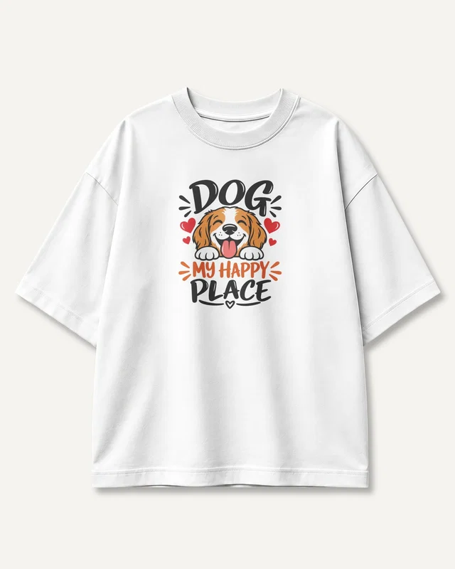 Dog My Happy Place Oversized T-Shirt in White — front