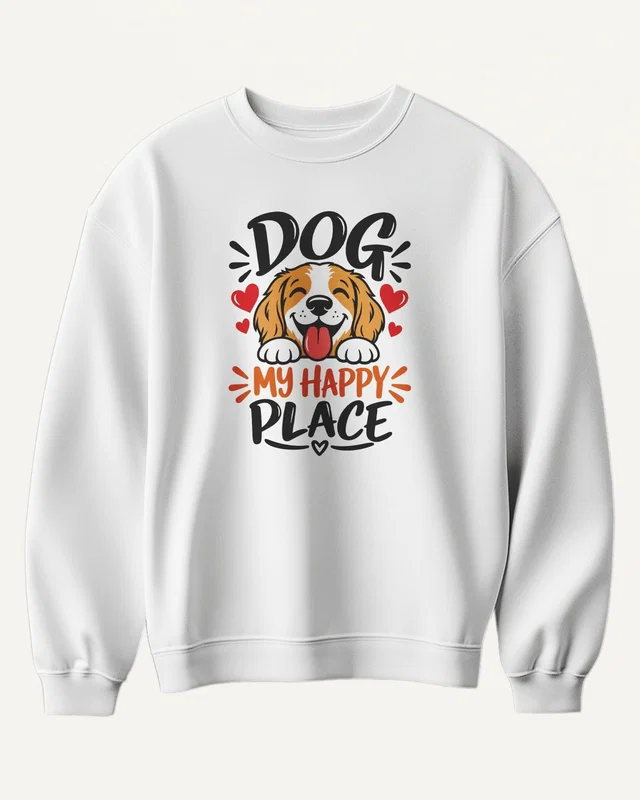 Dog My Happy Place Sweatshirt in White — front