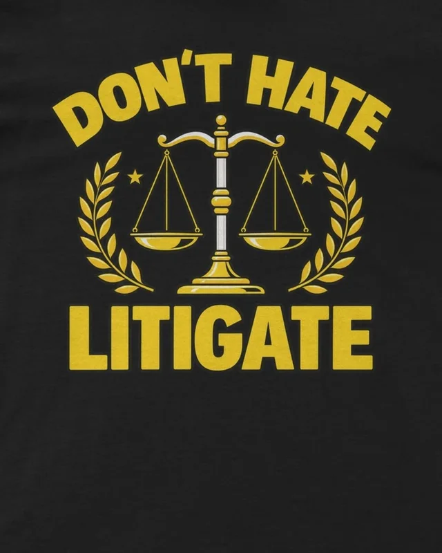 Don't Hate Litigate Regular T-Shirt in Black — design detail