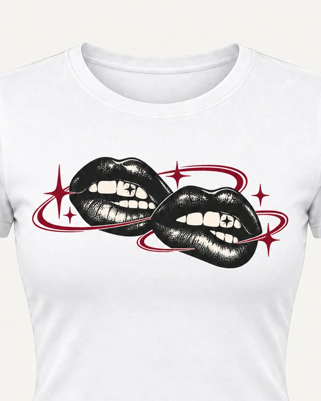 Double Lips Graphic Crop Top in White — cropped design detail