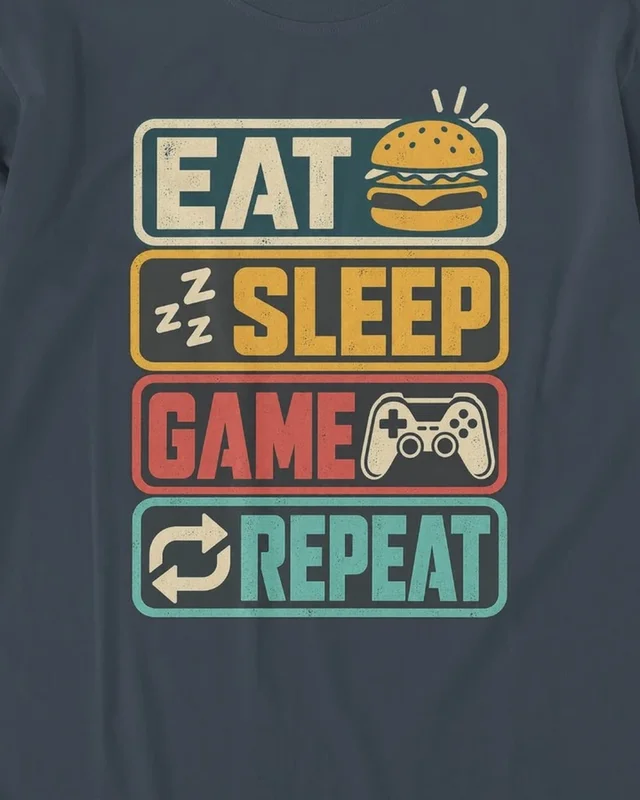 Eat Sleep Game Repeat Long-Sleeve T-Shirt in Navy Blue — design detail