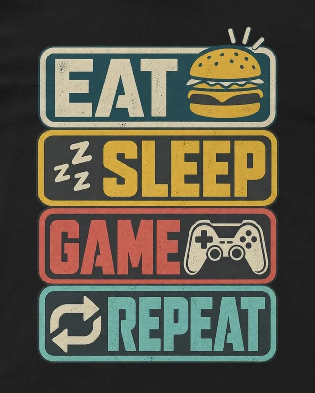 Eat Sleep Game Repeat Regular T-Shirt in Black — design detail