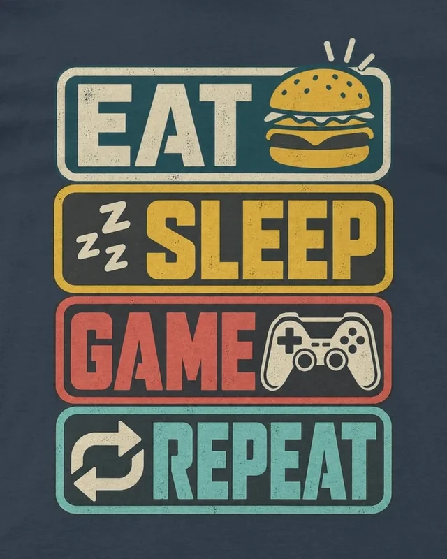 Eat Sleep Game Repeat Regular T-Shirt in Navy Blue — design detail