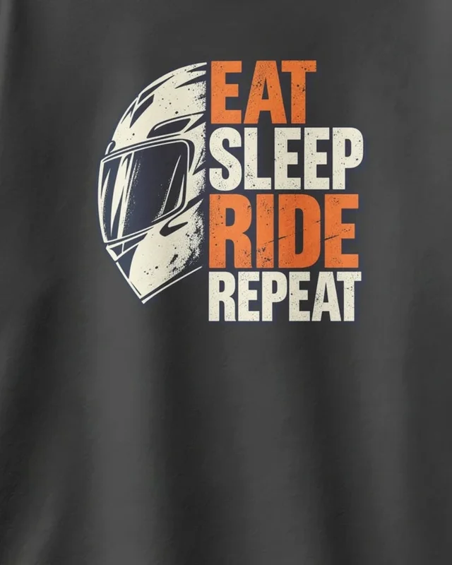 Eat Sleep Ride Repeat - Orange Helmet Oversized T-Shirt in Black — design detail