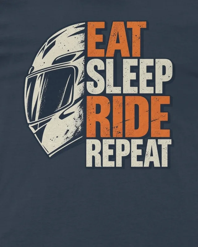 Eat Sleep Ride Repeat - Orange Helmet Regular T-Shirt in Navy Blue — design detail