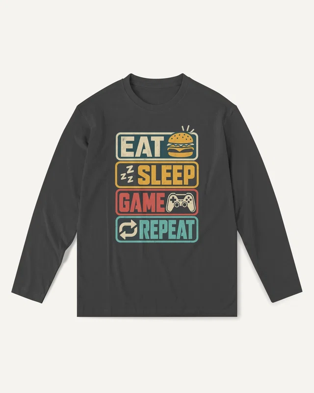 Eat Sleep Game Repeat Long-Sleeve T-Shirt in Black — front