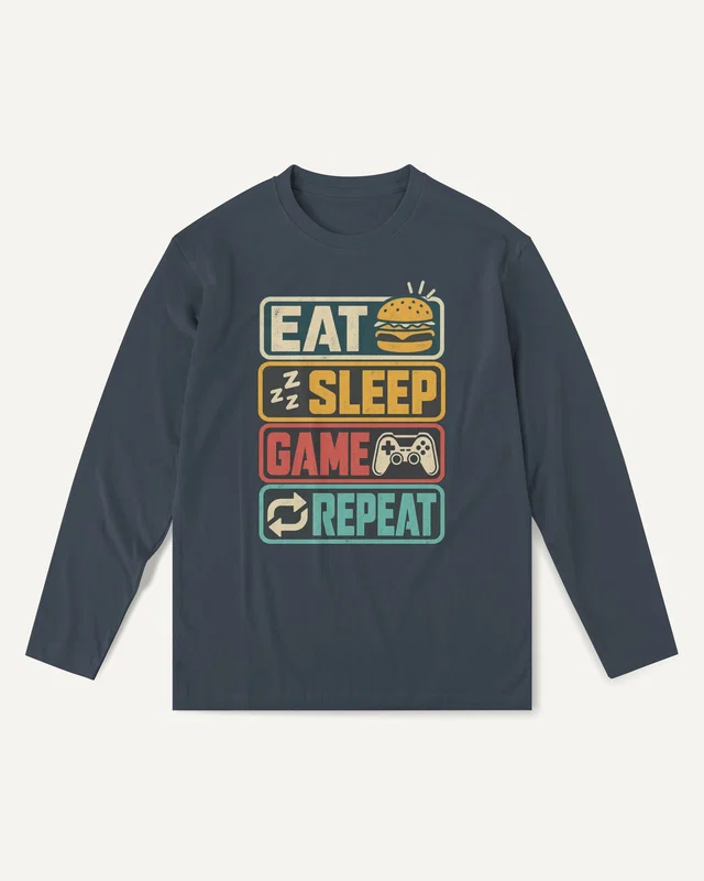 Eat Sleep Game Repeat Long-Sleeve T-Shirt in Navy Blue — front
