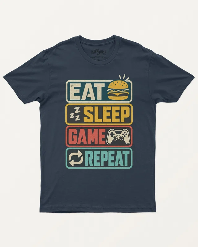 Eat Sleep Game Repeat Regular T-Shirt in Navy Blue — front
