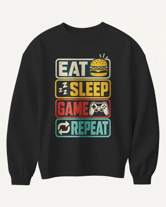 Eat Sleep Game Repeat Sweatshirt in Black — front