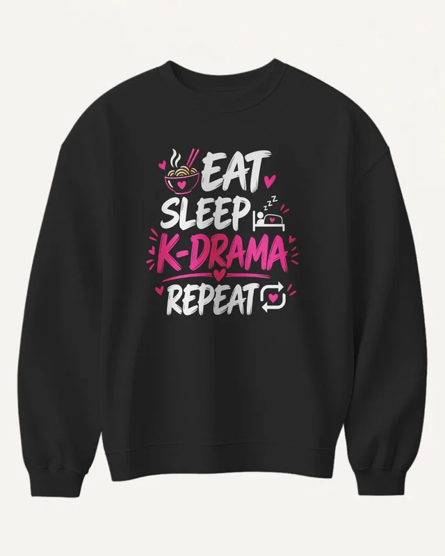 Eat Sleep K-Drama Repeat Sweatshirt in Black — front