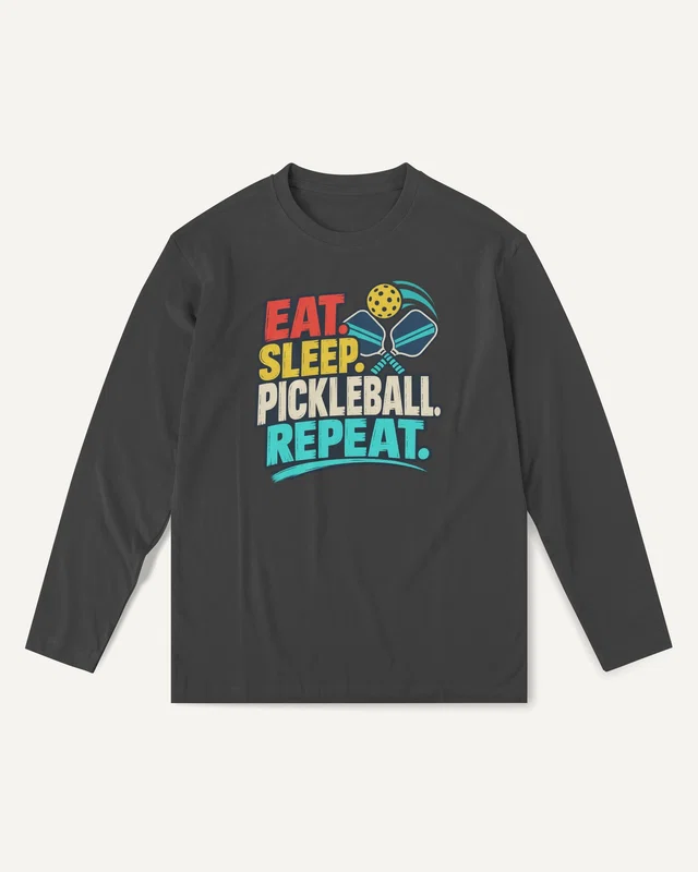 Eat Sleep Pickleball Repeat Long-Sleeve T-Shirt in Black — front