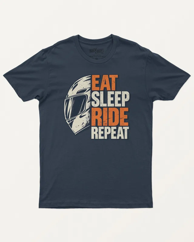 Eat Sleep Ride Repeat - Orange Helmet Regular T-Shirt in Navy Blue — front