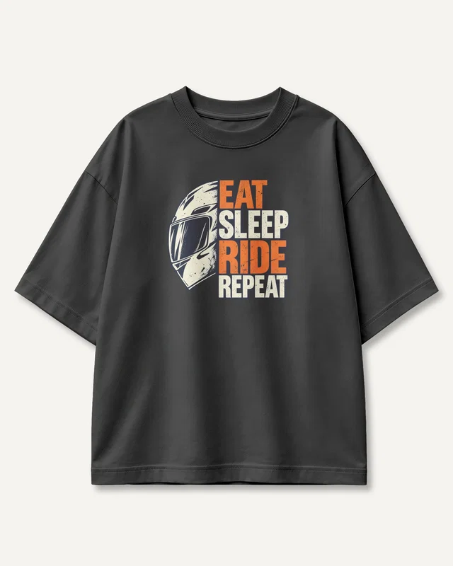 Eat Sleep Ride Repeat - Orange Helmet Oversized T-Shirt in Black — front