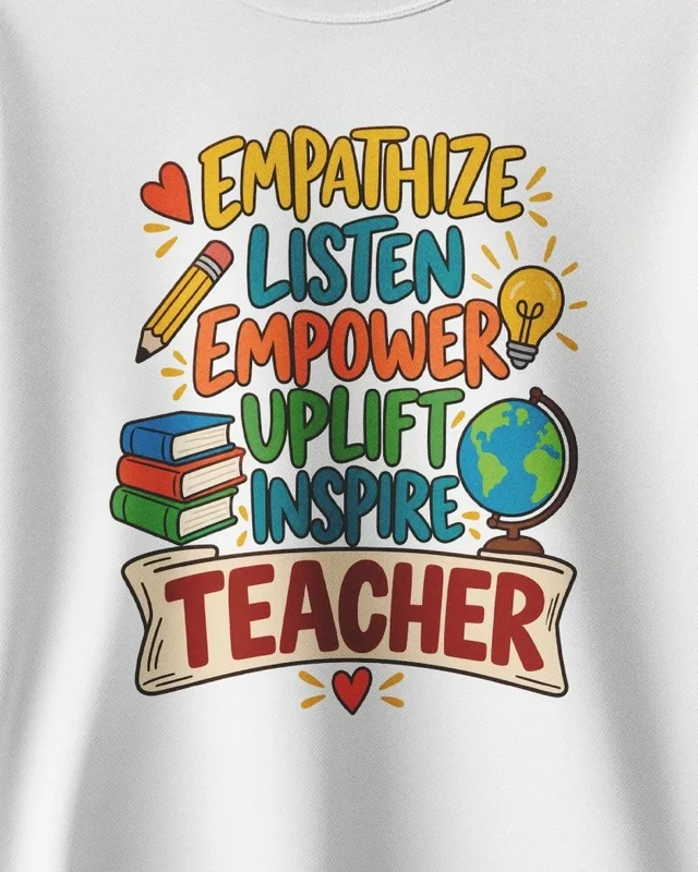 Empathize Listen Empower Uplift Inspire Teacher Sweatshirt in White — design detail