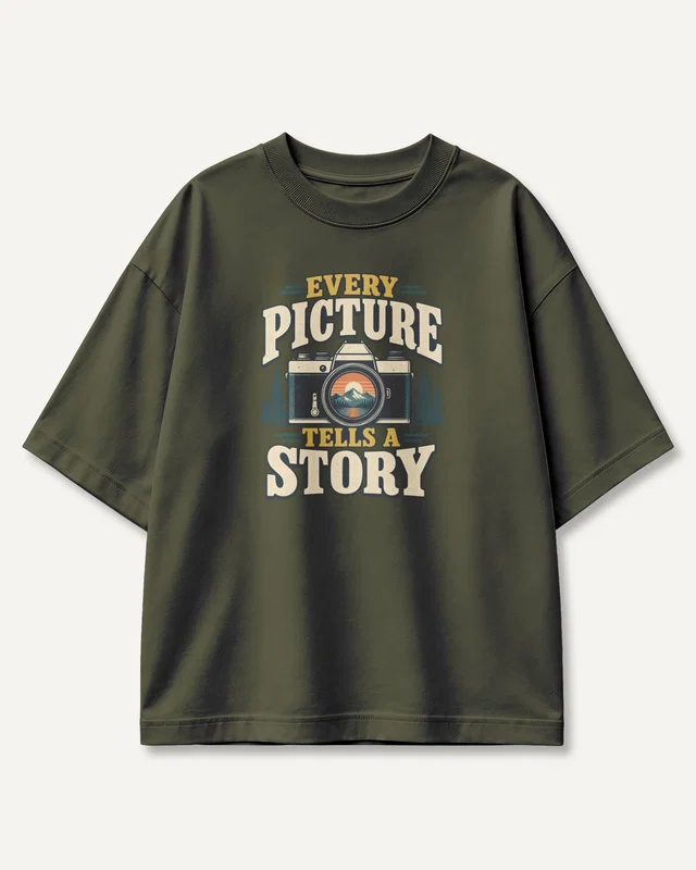 Every Picture Tells a Story Oversized T-Shirt in Olive Green — front