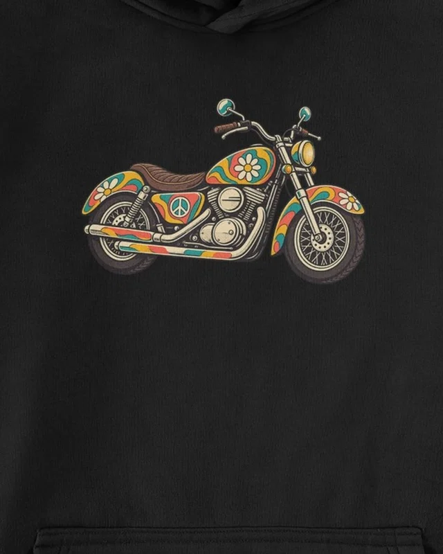 Floral Motorcycle Graphic Hoodie in Black — cropped design detail