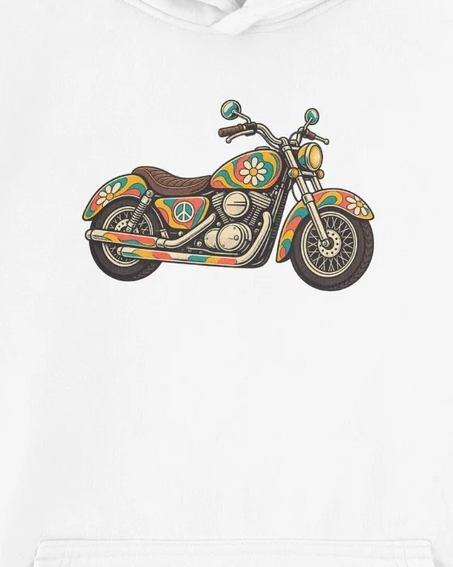 Floral Motorcycle Graphic Hoodie in White — cropped design detail
