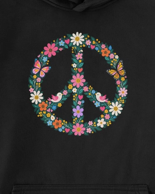 Floral Peace Graphic Hoodie in Black — cropped design detail