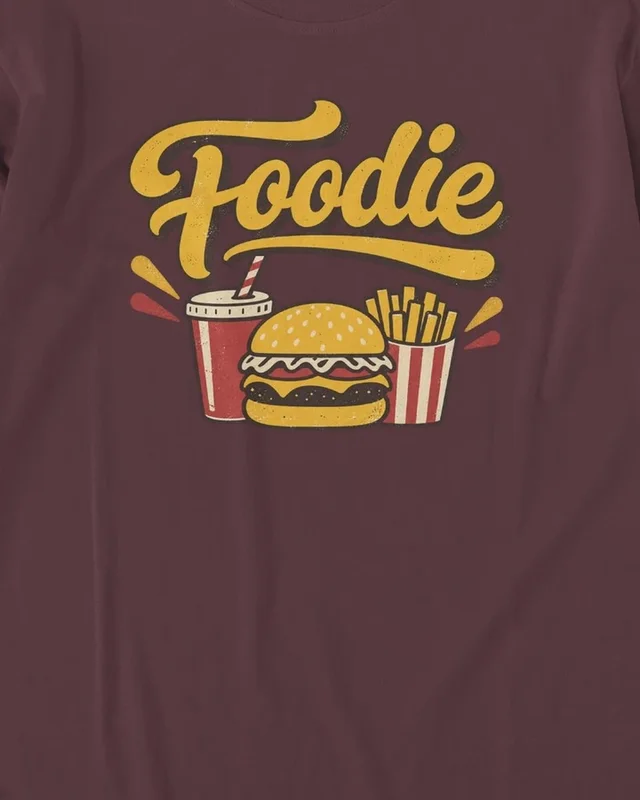 Foodie Burger and Fries Long-Sleeve T-Shirt in Maroon — design detail