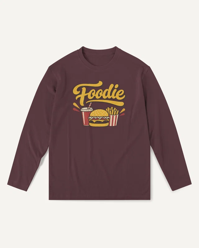Foodie Burger and Fries Long-Sleeve T-Shirt in Maroon — front
