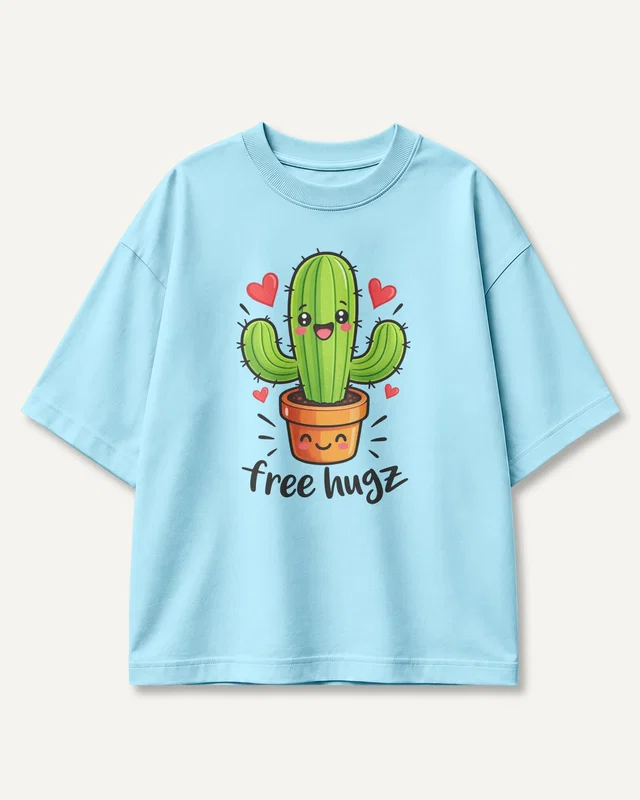 Free Hugz Cactus Oversized T-Shirt in Baby Blue — front