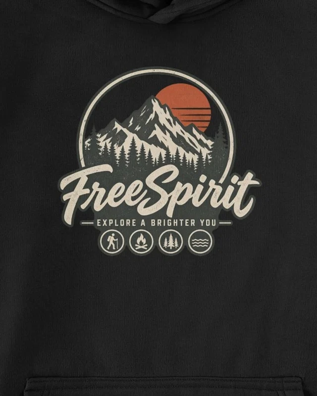 Free Spirit Explorer Graphic Hoodie in Black — cropped design detail