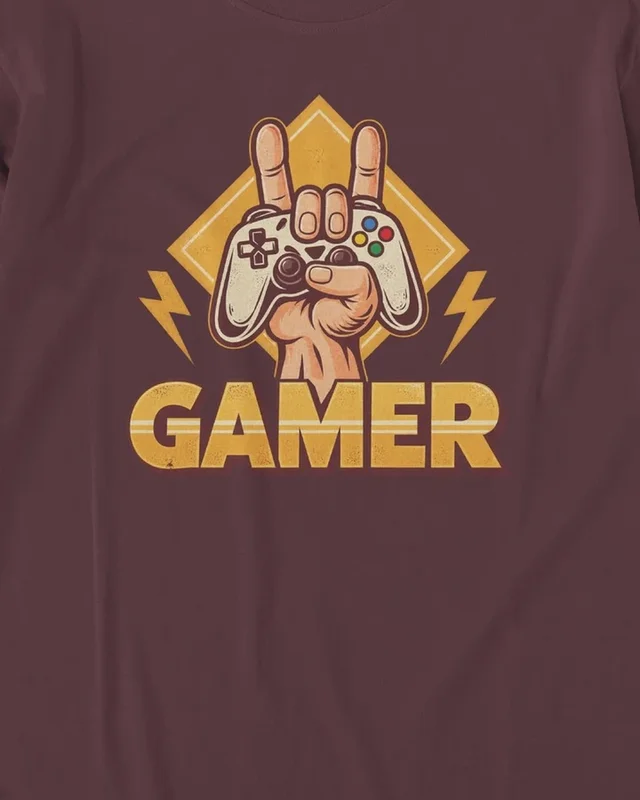 Gamer Hand Long-Sleeve T-Shirt in Maroon — design detail