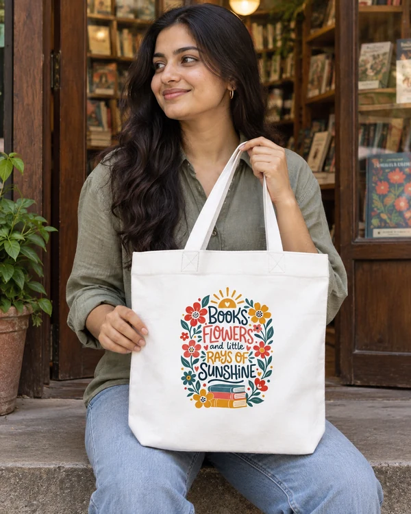 Books Flowers and Rays of Sunshine Zipper Tote Bag in White — Indian lifestyle photo