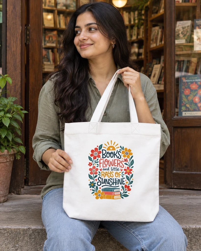 Books Flowers and Rays of Sunshine Zipper Tote Bag in White — For Her