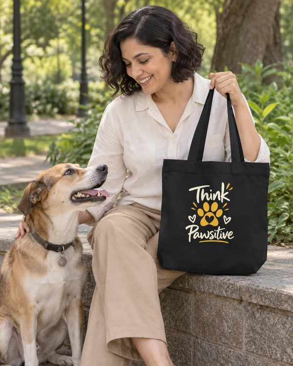 Think Pawsitive Zipper Tote Bag in Black — Indian lifestyle photo