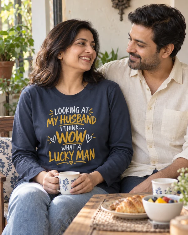 My Husband Is a Lucky Man Long-Sleeve T-Shirt in Navy Blue — Indian lifestyle photo