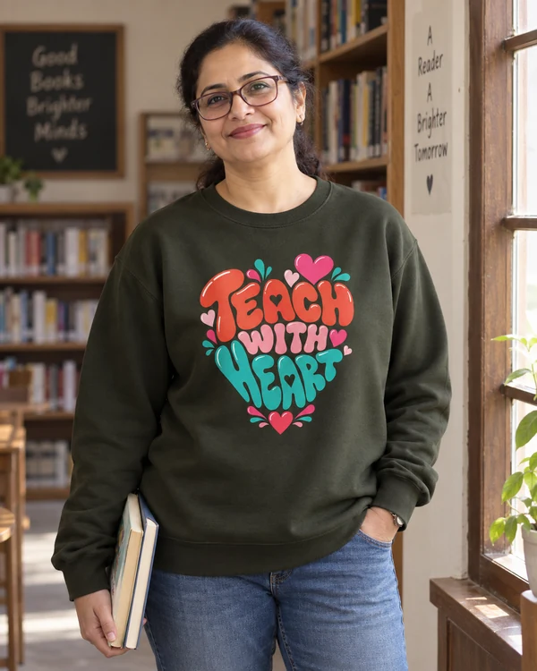 Teach with Heart Sweatshirt in Olive Green — Indian lifestyle photo