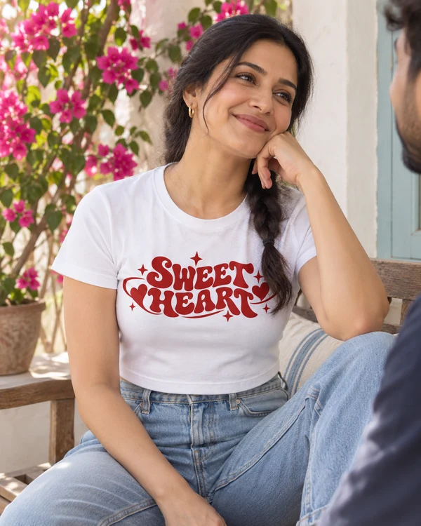 Sweet Heart Graphic Crop Top in White — Indian lifestyle photo
