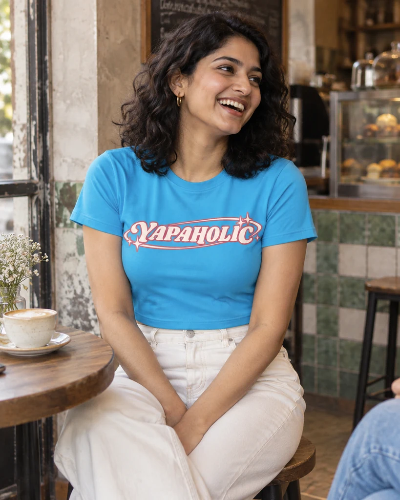 Yapaholic Graphic Crop Top in Sky Blue — For Sister