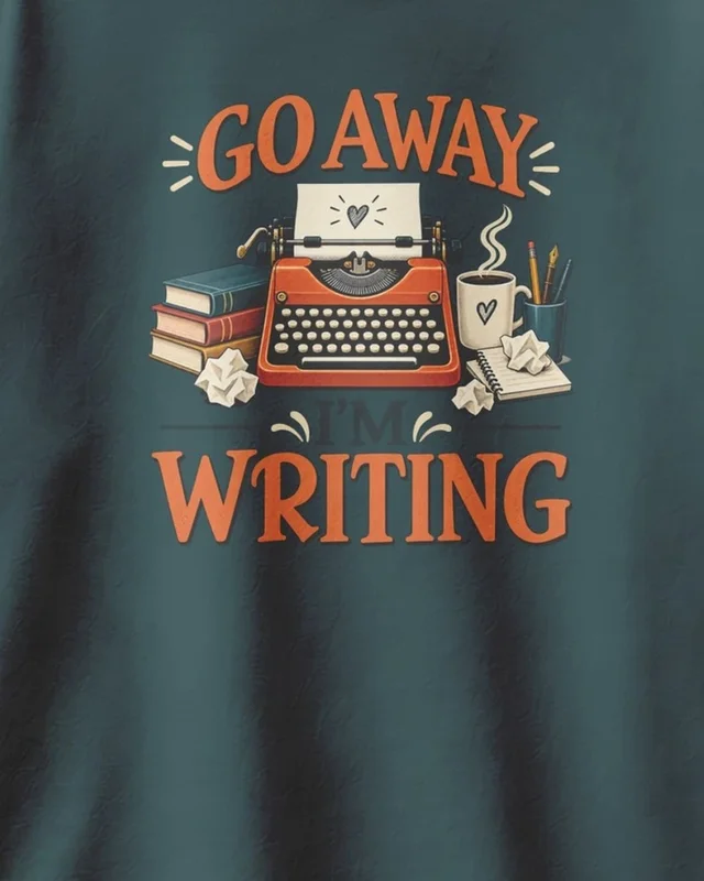Go Away I'm Writing Oversized T-Shirt in Petrol Blue — design detail