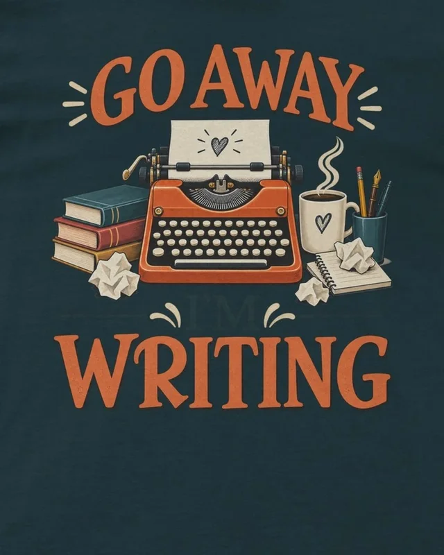 Go Away I'm Writing Regular T-Shirt in Petrol Blue — design detail