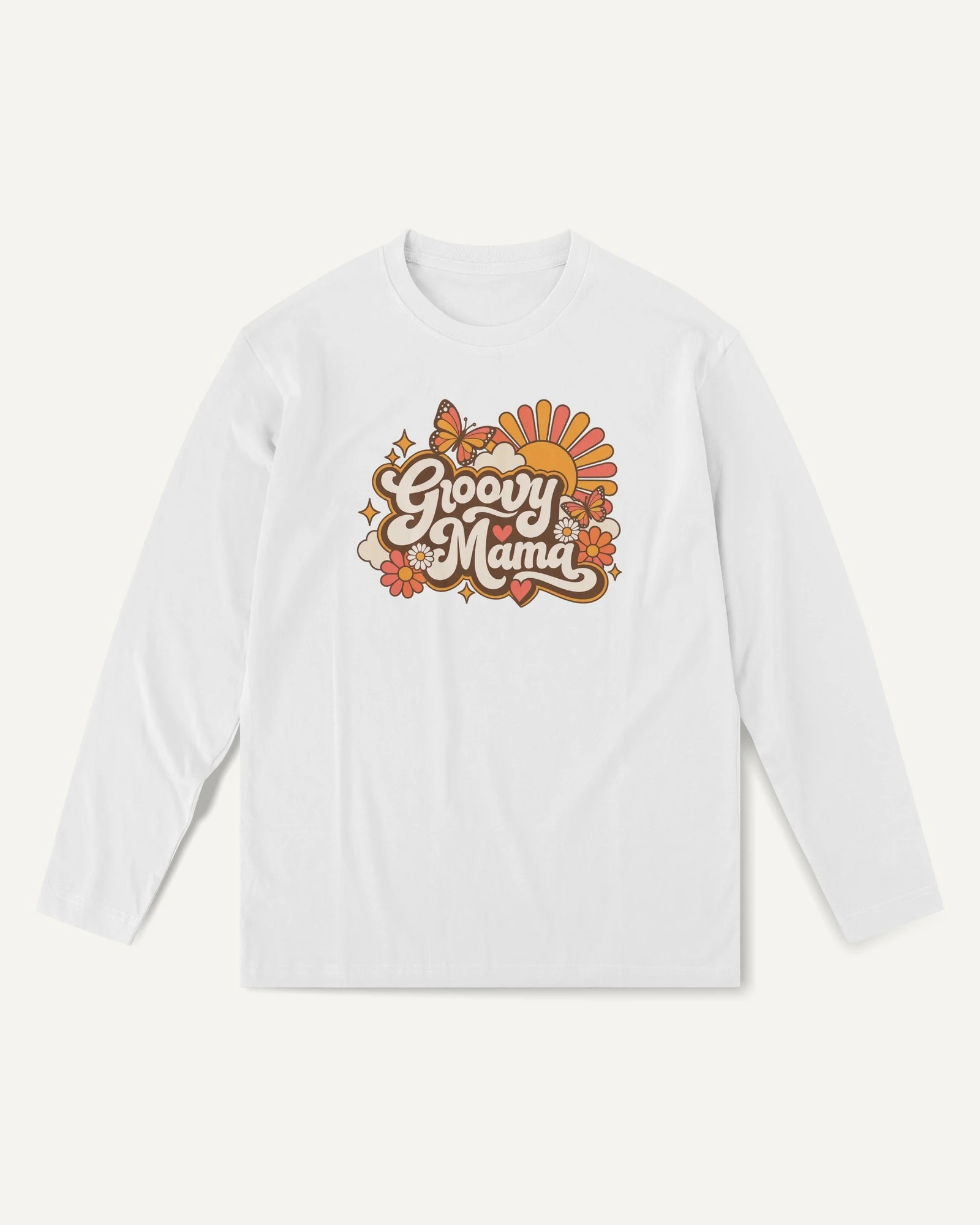 Groovy Mama Long-Sleeve T-Shirt in White — front Groovy Mama Long-Sleeve T-Shirt in White — front
