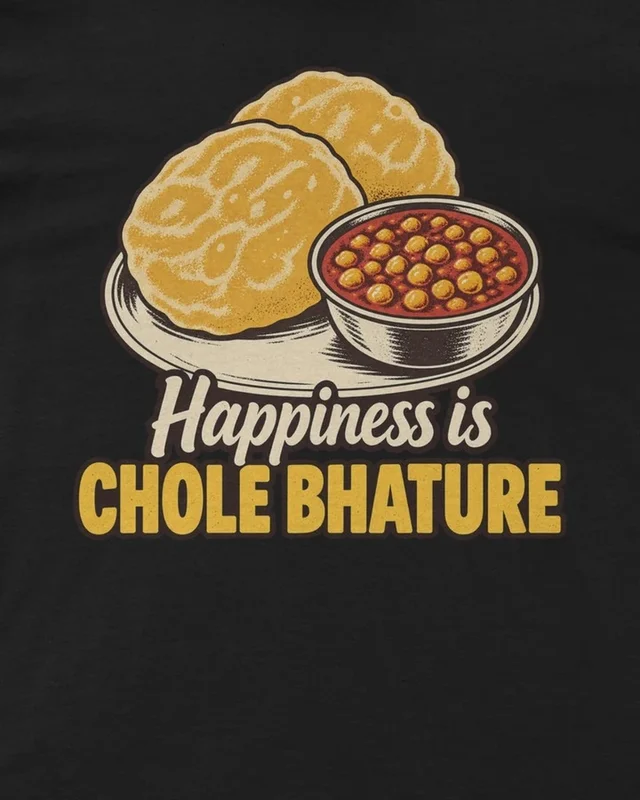 Happiness Is Chole Bhature Regular T-Shirt in Black — design detail