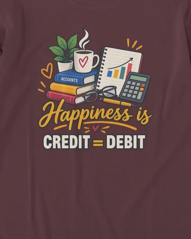 Happiness Is Credit Equals Debit Long-Sleeve T-Shirt in Maroon — design detail